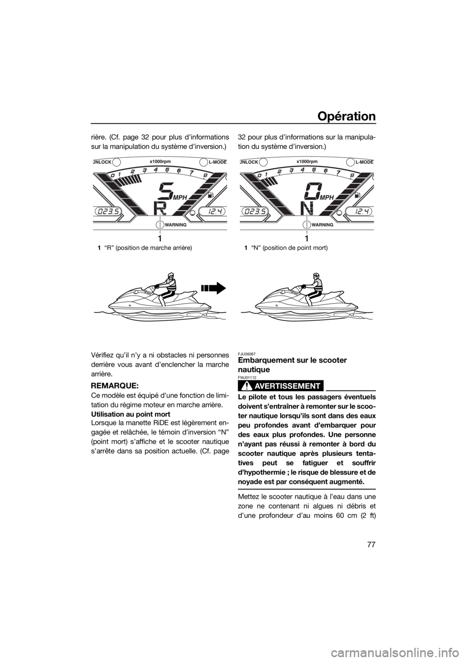 YAMAHA VX CRUISER 2018 Notices Demploi (in French) Opération
77
rière. (Cf. page 32 pour plus d’informations
sur la manipulation du système d’inversion.)
Vérifiez qu’il n’y a ni obstacles ni personnes
derrière vous avant d’enclencher la YAMAHA VX CRUISER 2018 Notices Demploi (in French) Opération
77
rière. (Cf. page 32 pour plus d’informations
sur la manipulation du système d’inversion.)
Vérifiez qu’il n’y a ni obstacles ni personnes
derrière vous avant d’enclencher la