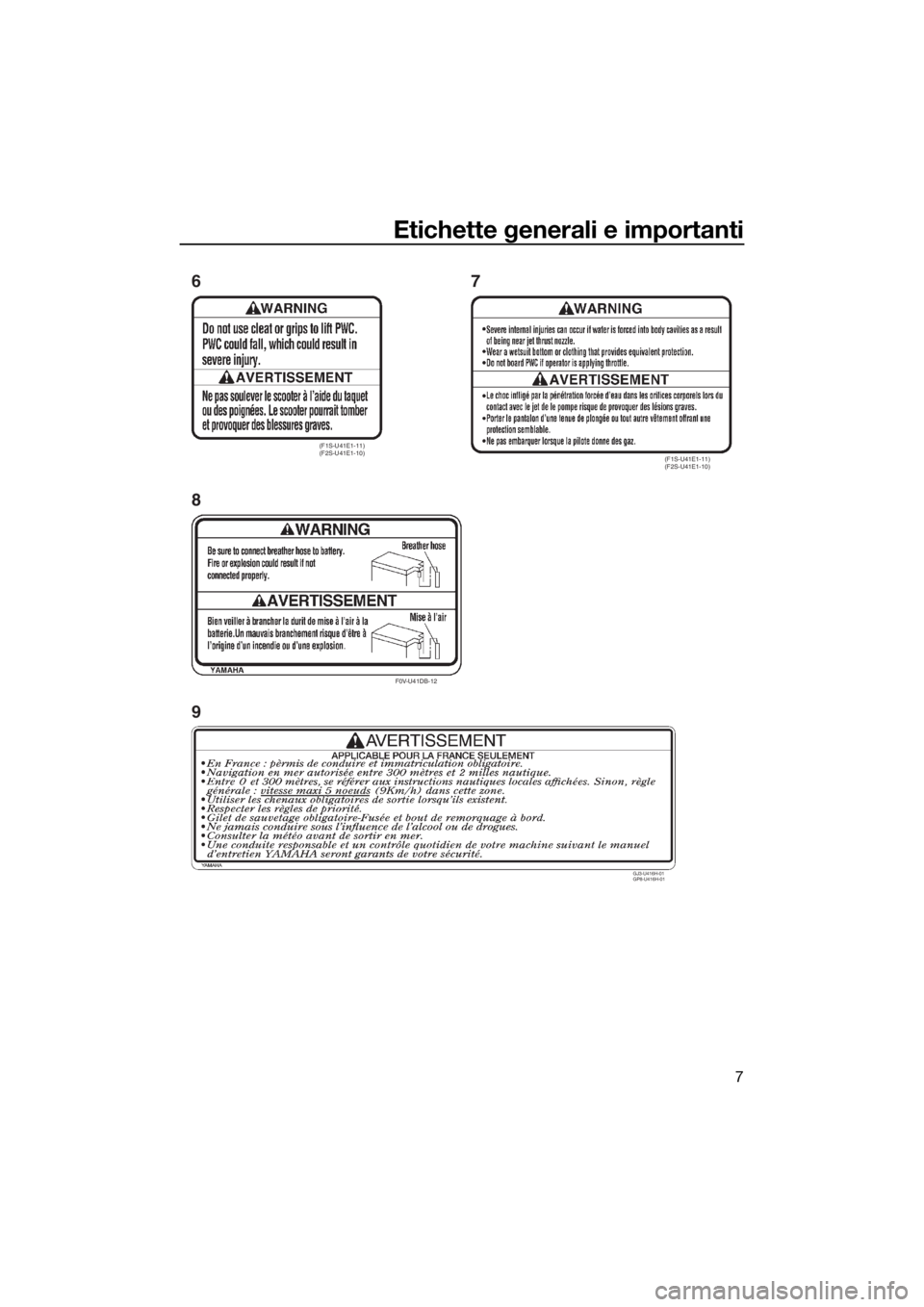 YAMAHA VX 2018 Manuale duso (in Italian) Etichette generali e importanti
7
(F1S-U41E1-11)
(F2S-U41E1-10)
F0V-U41DB-12
(F1S-U41E1-11)
(F2S-U41E1-10)
6
87
GJ3-U416H-01
GP8-U416H-01
9
UF4G72H0.book Page 7 Monday, July 31, 2017 9:30 AM YAMAHA VX 2018 Manuale duso (in Italian) Etichette generali e importanti
7
(F1S-U41E1-11)
(F2S-U41E1-10)
F0V-U41DB-12
(F1S-U41E1-11)
(F2S-U41E1-10)
6
87
GJ3-U416H-01
GP8-U416H-01
9
UF4G72H0.book Page 7 Monday, July 31, 2017 9:30 AM