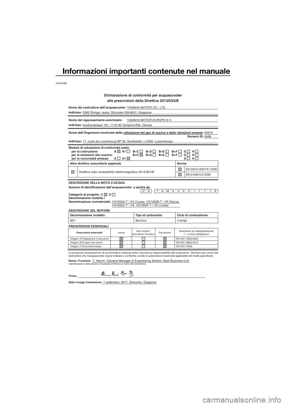 YAMAHA VX LIMITED 2018  Manuale duso (in Italian) Informazioni importanti contenute nel manuale
HJU44202
Dichiarazione di conformità per acquascooter
alle prescrizioni della Direttiva 2013/53/UE
Nome del costruttore dell’acquascooter:YAMAHA MOTOR 