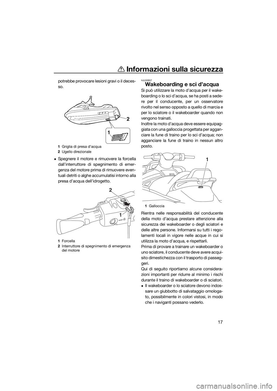 YAMAHA VX 2018  Manuale duso (in Italian) Informazioni sulla sicurezza
17
potrebbe provocare lesioni gravi o il deces-
so.
Spegnere il motore e rimuovere la forcella
dall’interruttore di spegnimento di emer-
genza del motore prima di rim