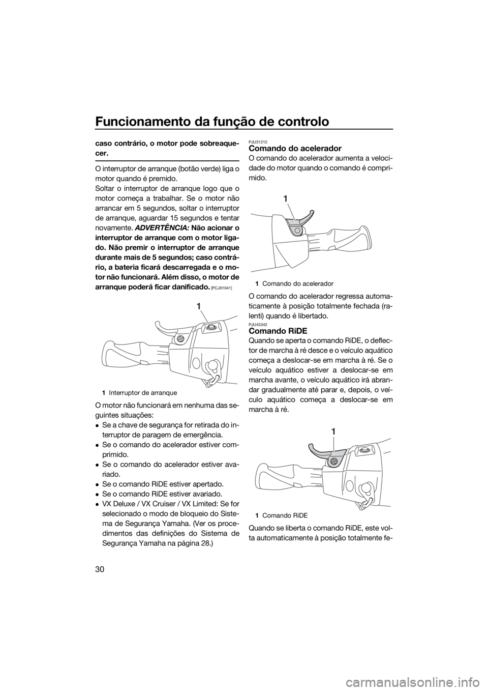 YAMAHA VX 2018  Manual de utilização (in Portuguese) Funcionamento da função de controlo
30
caso contrário, o motor pode sobreaque-
cer.
O interruptor de arranque (botão verde) liga o
motor quando é premido.
Soltar o interruptor de arranque logo qu