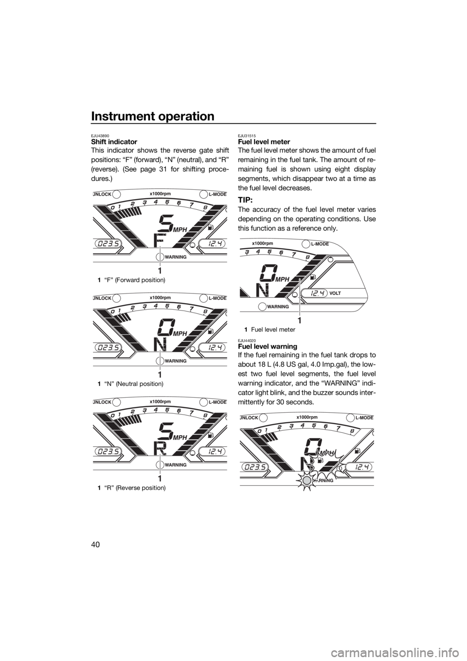YAMAHA VX LIMITED 2017 Service Manual Instrument operation
40
EJU43890Shift indicator
This indicator shows the reverse gate shift
positions: “F” (forward), “N” (neutral), and “R”
(reverse). (See page 31 for shifting proce-
dur YAMAHA VX LIMITED 2017 Service Manual Instrument operation
40
EJU43890Shift indicator
This indicator shows the reverse gate shift
positions: “F” (forward), “N” (neutral), and “R”
(reverse). (See page 31 for shifting proce-
dur
