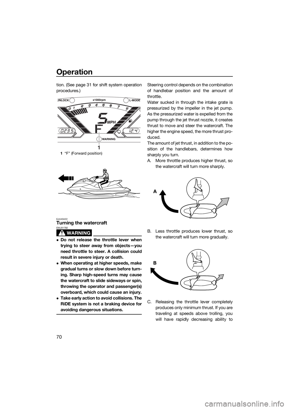 YAMAHA VX CRUISER 2017  Owners Manual Operation
70
tion. (See page 31 for shift system operation
procedures.)
EJU43422Turning the watercraft
WARNING
EWJ01782
Do not release the throttle lever when
trying to steer away from objects—yo