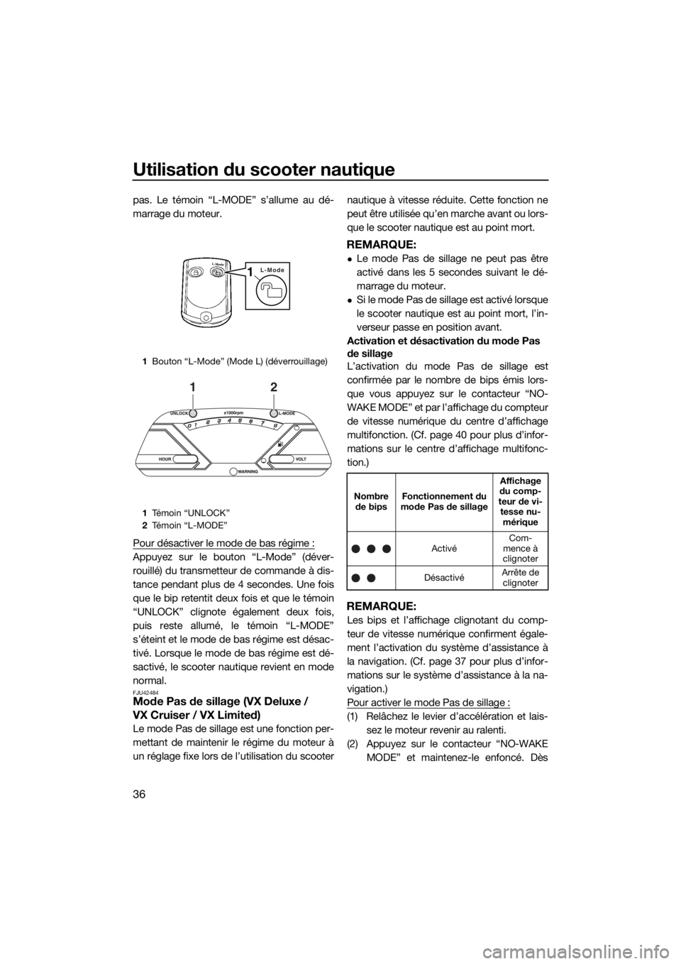 YAMAHA VX LIMITED 2017  Notices Demploi (in French) Utilisation du scooter nautique
36
pas. Le témoin “L-MODE” s’allume au dé-
marrage du moteur.
Pour désactiver le mode de bas régime :
Appuyez sur le bouton “L-Mode” (déver-
rouillé) du