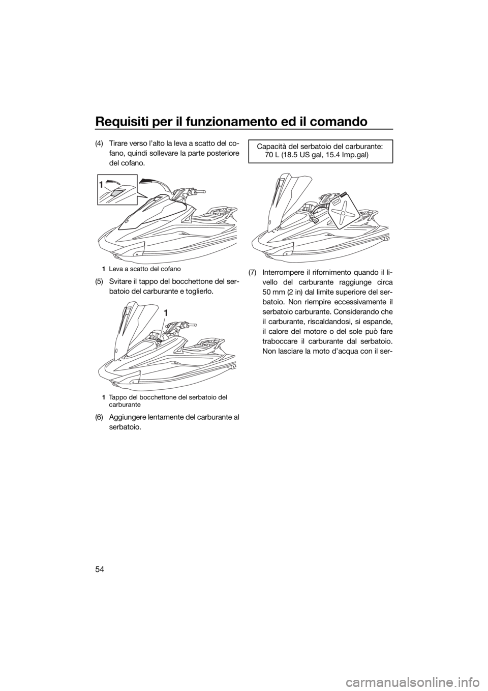 YAMAHA VX DELUXE 2017  Manuale duso (in Italian) Requisiti per il funzionamento ed il comando
54
(4) Tirare verso l’alto la leva a scatto del co-
fano, quindi sollevare la parte posteriore
del cofano.
(5) Svitare il tappo del bocchettone del ser-
