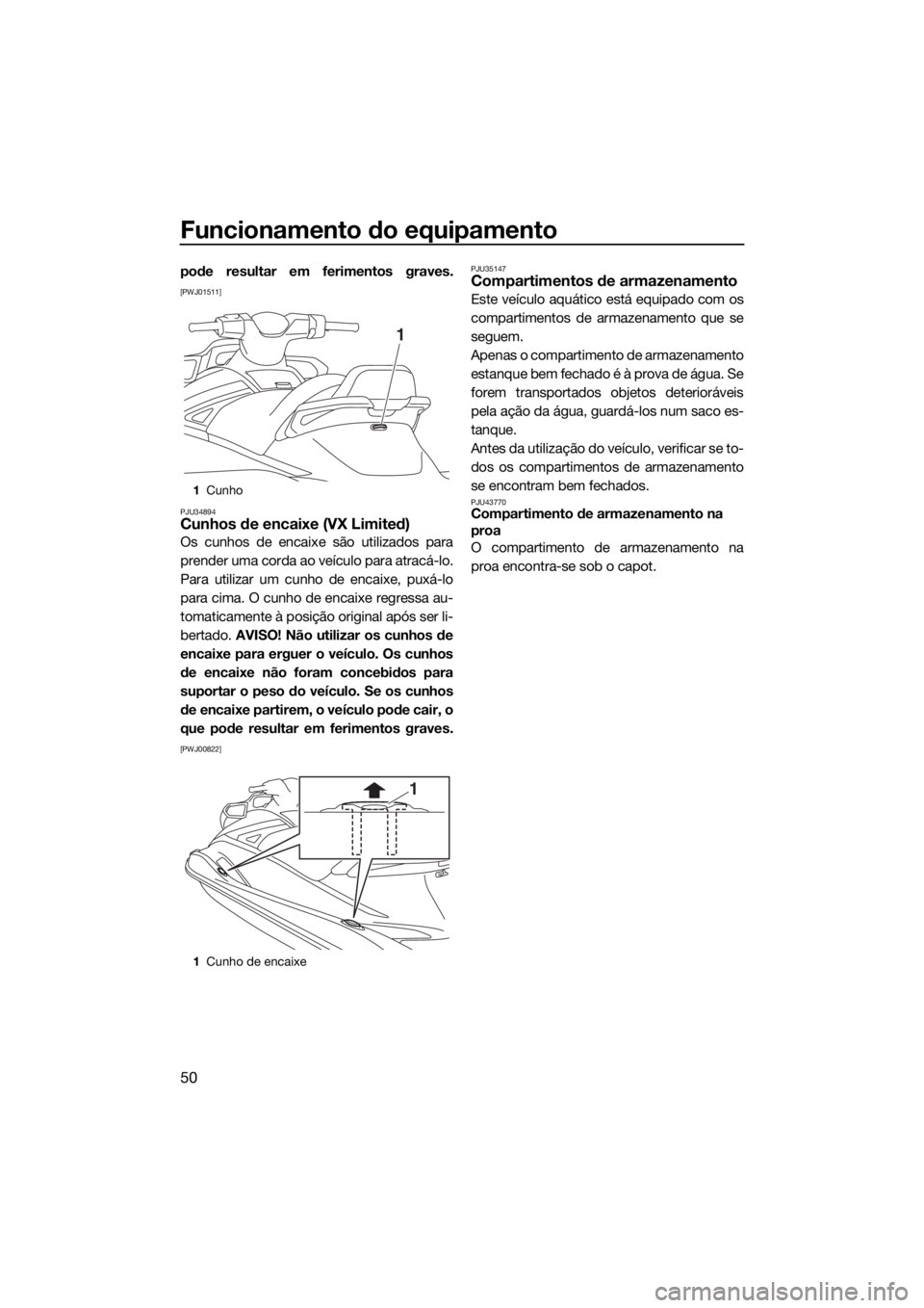 YAMAHA VX DELUXE 2017  Manual de utilização (in Portuguese) Funcionamento do equipamento
50
pode resultar em ferimentos graves.
[PWJ01511]
PJU34894
Cunhos de encaixe (VX Limited)
Os cunhos de encaixe são utilizados para
prender uma corda ao veículo para atra