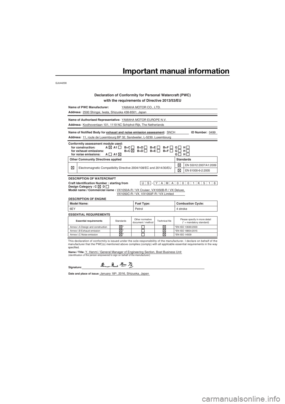 YAMAHA VX 2016 Owners Manual Important manual information
EJU44200
Declaration of Conformity for Personal Watercraft (PWC)
with the requirements of Directive 2013/53/EU
Name of PWC Manufacturer:YAMAHA MOTOR CO., LTD.
Address:2500 YAMAHA VX 2016 Owners Manual Important manual information
EJU44200
Declaration of Conformity for Personal Watercraft (PWC)
with the requirements of Directive 2013/53/EU
Name of PWC Manufacturer:YAMAHA MOTOR CO., LTD.
Address:2500