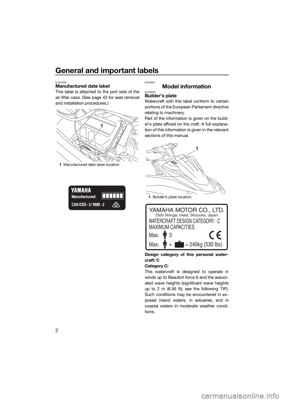 YAMAHA VX LIMITED 2016  Owners Manual General and important labels
2
EJU44090Manufactured date label
This label is attached to the port side of the
air filter case. (See page 43 for seat removal
and installation procedures.)
EJU30321
Mode