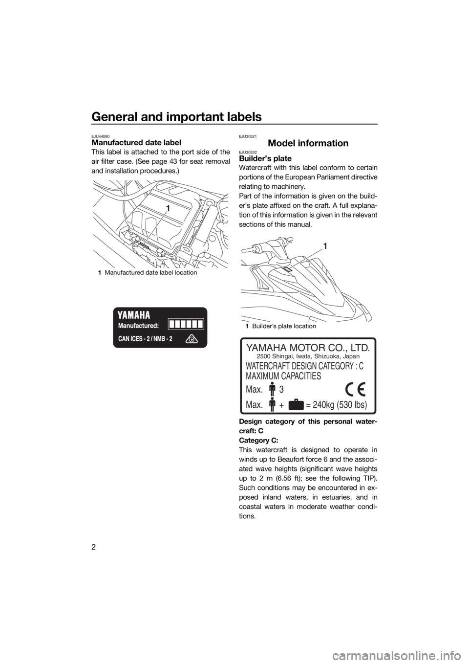 YAMAHA VX 2016 Owners Manual General and important labels
2
EJU44090Manufactured date label
This label is attached to the port side of the
air filter case. (See page 43 for seat removal
and installation procedures.)
EJU30321
Mode YAMAHA VX 2016 Owners Manual General and important labels
2
EJU44090Manufactured date label
This label is attached to the port side of the
air filter case. (See page 43 for seat removal
and installation procedures.)
EJU30321
Mode