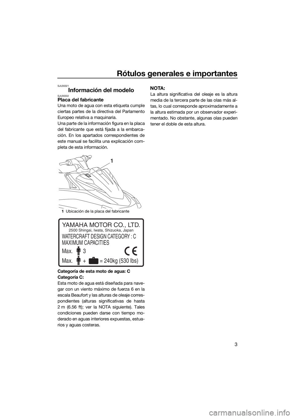 YAMAHA VX 2016 Manuale de Empleo (in Spanish) Rótulos generales e importantes
3
SJU30321
Información del modeloSJU30332Placa del fabricante
Una moto de agua con esta etiqueta cumple
ciertas partes de la directiva del Parlamento
Europeo relativa YAMAHA VX 2016 Manuale de Empleo (in Spanish) Rótulos generales e importantes
3
SJU30321
Información del modeloSJU30332Placa del fabricante
Una moto de agua con esta etiqueta cumple
ciertas partes de la directiva del Parlamento
Europeo relativa