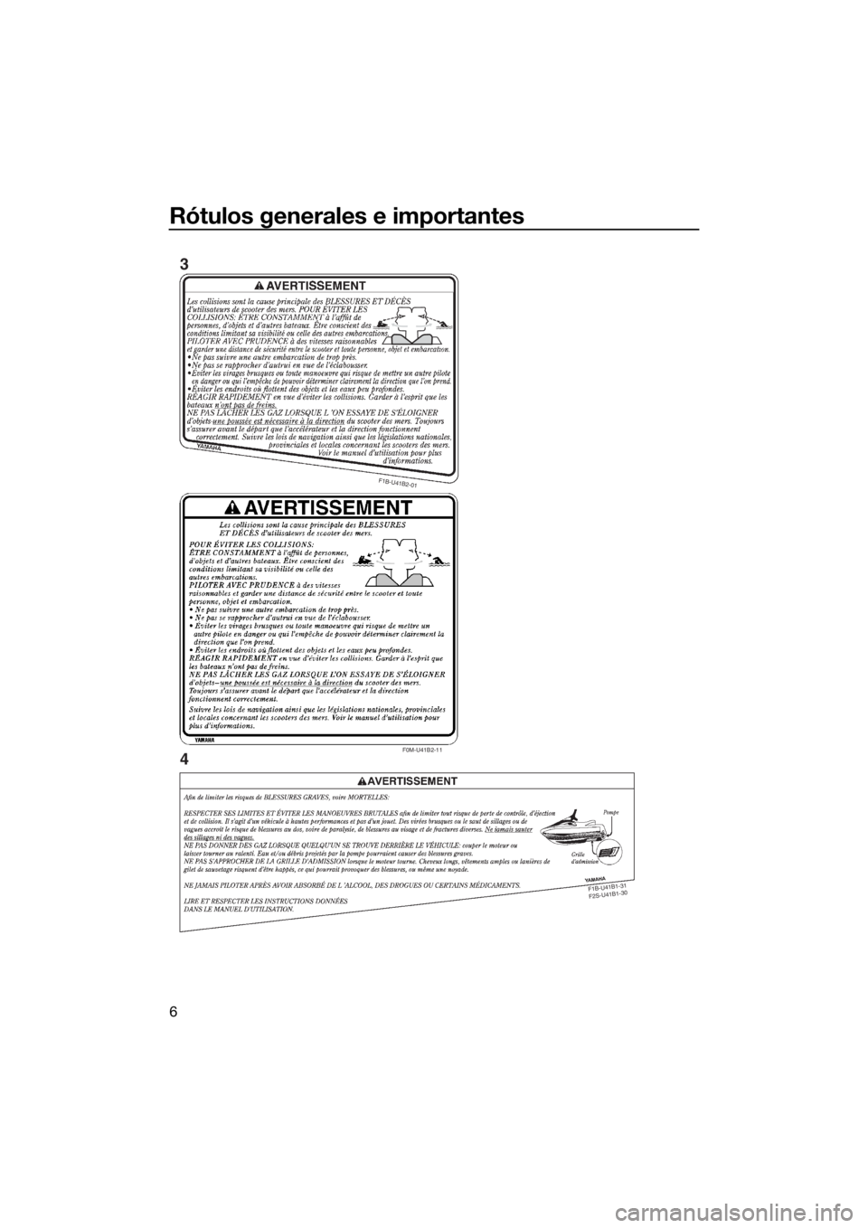 YAMAHA VX 2016 Manuale de Empleo (in Spanish) Rótulos generales e importantes
6
F0M-U41B2-11
F1B-U41B2-01
F
1
B
-U
4
1
B
1
-3
1
F
2
S
-U
4
1
B
1
-3
0
3
4
UF4G70S0.book Page 6 Monday, September 28, 2015 9:57 AM YAMAHA VX 2016 Manuale de Empleo (in Spanish) Rótulos generales e importantes
6
F0M-U41B2-11
F1B-U41B2-01
F
1
B
-U
4
1
B
1
-3
1
F
2
S
-U
4
1
B
1
-3
0
3
4
UF4G70S0.book Page 6 Monday, September 28, 2015 9:57 AM