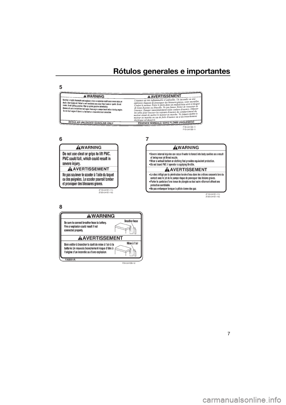 YAMAHA VX 2016 Manuale de Empleo (in Spanish) Rótulos generales e importantes
7
(F1S-U41E1-11)
(F2S-U41E1-10)
F0V-U41DB-12
(F1S-U41E1-11)
(F2S-U41E1-10)
F1B-U415B-11
F1S-U415B-11
6
87 5
UF4G70S0.book Page 7 Monday, September 28, 2015 9:57 A YAMAHA VX 2016 Manuale de Empleo (in Spanish) Rótulos generales e importantes
7
(F1S-U41E1-11)
(F2S-U41E1-10)
F0V-U41DB-12
(F1S-U41E1-11)
(F2S-U41E1-10)
F1B-U415B-11
F1S-U415B-11
6
87 5
UF4G70S0.book Page 7 Monday, September 28, 2015 9:57 A