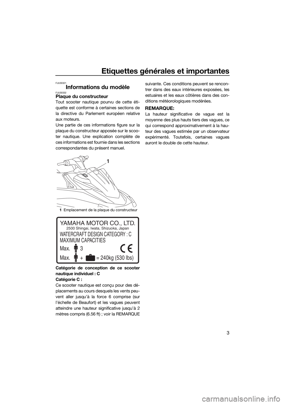 YAMAHA VX LIMITED 2016 Notices Demploi (in French) Etiquettes générales et importantes
3
FJU30321
Informations du modèleFJU30332Plaque du constructeur
Tout scooter nautique pourvu de cette éti-
quette est conforme à certaines sections de
la direc YAMAHA VX LIMITED 2016 Notices Demploi (in French) Etiquettes générales et importantes
3
FJU30321
Informations du modèleFJU30332Plaque du constructeur
Tout scooter nautique pourvu de cette éti-
quette est conforme à certaines sections de
la direc