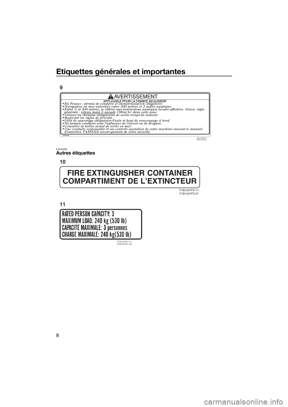 YAMAHA VX LIMITED 2016  Notices Demploi (in French) Etiquettes générales et importantes
8
FJU44230Autres étiquettes
GJ3-U416H-01 
GP8-U416H-01
9
F1B-U41F5-11 
F1B-U41F5-21
(F1S-U41E1-11) 
(F2S-U41E1-10)
10
11
UF4G70F0.book  Page 8  Monday, September