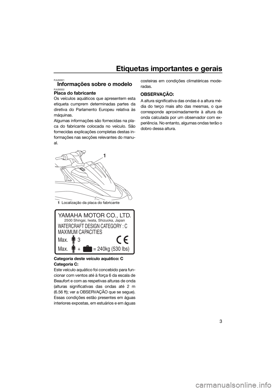 YAMAHA VX 2016 Manual de utilização (in Portuguese) Etiquetas importantes e gerais
3
PJU30321
Informações sobre o modeloPJU30332Placa do fabricante
Os veículos aquáticos que apresentem esta
etiqueta cumprem determinadas partes da
diretiva do Parlam YAMAHA VX 2016 Manual de utilização (in Portuguese) Etiquetas importantes e gerais
3
PJU30321
Informações sobre o modeloPJU30332Placa do fabricante
Os veículos aquáticos que apresentem esta
etiqueta cumprem determinadas partes da
diretiva do Parlam