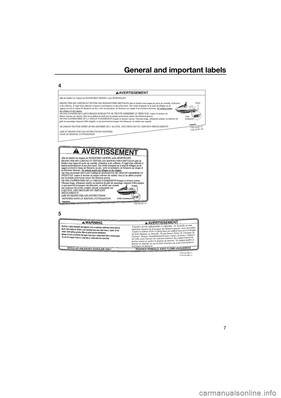 YAMAHA VX CRUISER 2015 User Guide General and important labels
7
F
1
B
-U
4
1
B
1-3
1
F
2
S
-U
4
1
B
1
-3
0
F1B-U415B-11
F1S-U415B-11
F0V-U41B1-31
4
5
UF2X70E0.book Page 7 Monday, December 7, 2015 4:02 PM YAMAHA VX CRUISER 2015 User Guide General and important labels
7
F
1
B
-U
4
1
B
1-3
1
F
2
S
-U
4
1
B
1
-3
0
F1B-U415B-11
F1S-U415B-11
F0V-U41B1-31
4
5
UF2X70E0.book Page 7 Monday, December 7, 2015 4:02 PM