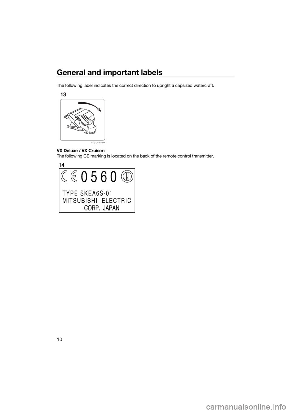 YAMAHA VX CRUISER 2015 User Guide General and important labels
10
The following label indicates the correct direction to upright a capsized watercraft.
VX Deluxe / VX Cruiser:
The following CE marking is located on the back of the re YAMAHA VX CRUISER 2015 User Guide General and important labels
10
The following label indicates the correct direction to upright a capsized watercraft.
VX Deluxe / VX Cruiser:
The following CE marking is located on the back of the re