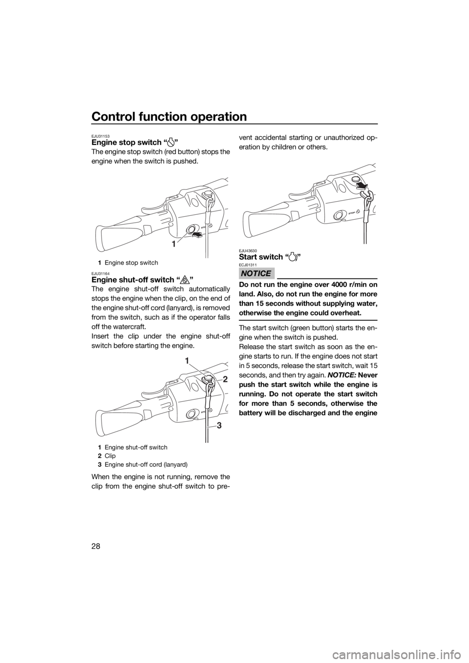 YAMAHA VX 2015 Owners Manual Control function operation
28
EJU31153Engine stop switch “ ”
The engine stop switch (red button) stops the
engine when the switch is pushed.
EJU31164Engine shut-off switch “ ”
The engine shut- YAMAHA VX 2015 Owners Manual Control function operation
28
EJU31153Engine stop switch “ ”
The engine stop switch (red button) stops the
engine when the switch is pushed.
EJU31164Engine shut-off switch “ ”
The engine shut-