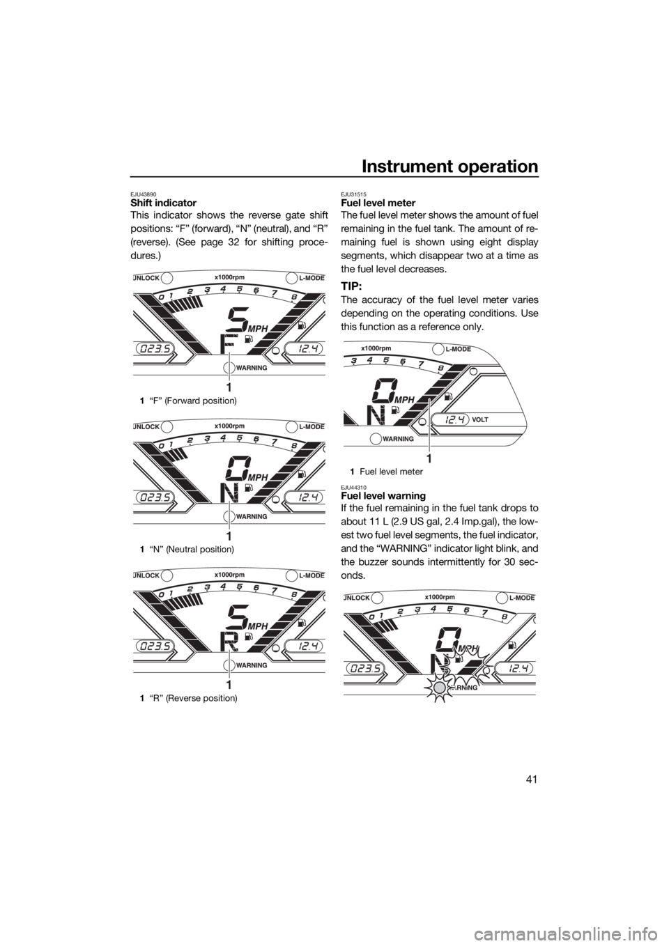 YAMAHA VX 2015 User Guide Instrument operation
41
EJU43890Shift indicator
This indicator shows the reverse gate shift
positions: “F” (forward), “N” (neutral), and “R”
(reverse). (See page 32 for shifting proce-
dur YAMAHA VX 2015 User Guide Instrument operation
41
EJU43890Shift indicator
This indicator shows the reverse gate shift
positions: “F” (forward), “N” (neutral), and “R”
(reverse). (See page 32 for shifting proce-
dur