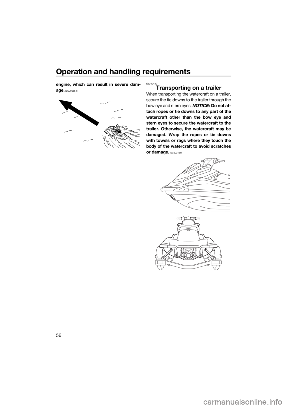 YAMAHA VX CRUISER 2015 Repair Manual Operation and handling requirements
56
engine, which can result in severe dam-
age.
 [ECJ00554]EJU42432Transporting on a trailer
When transporting the watercraft on a trailer,
secure the tie downs to 