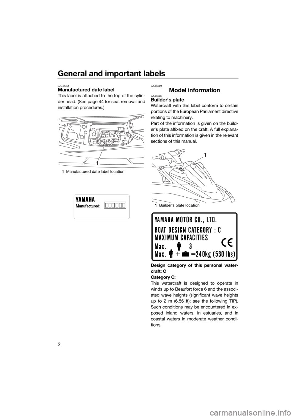 YAMAHA VX 2015  Owners Manual General and important labels
2
EJU42051Manufactured date label
This label is attached to the top of the cylin-
der head. (See page 44 for seat removal and
installation procedures.)
EJU30321
Model info