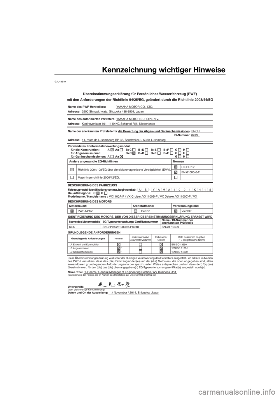 YAMAHA VX 2015  Betriebsanleitungen (in German) Kennzeichnung wichtiger Hinweise
GJU43610
Übereinstimmungserklärung für Persönliches Wasserfahrzeug (PWF)
mit den Anforderungen der Richtlinie 94/25/EG, geändert durch die Richtlinie 2003/44/EG
N