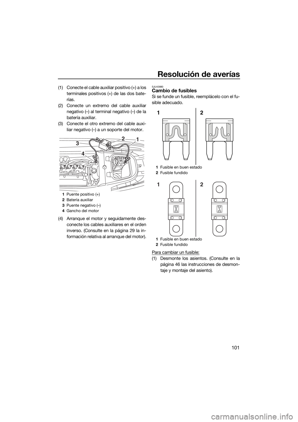 YAMAHA VX CRUISER 2015  Manuale de Empleo (in Spanish) Resolución de averías
101
(1) Conecte el cable auxiliar positivo (+) a los
terminales positivos (+) de las dos bate-
rías.
(2) Conecte un extremo del cable auxiliar
negativo (–) al terminal negat