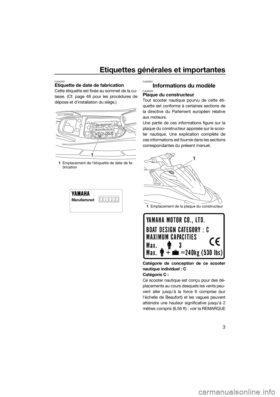 YAMAHA VX 2015  Notices Demploi (in French) Etiquettes générales et importantes
3
FJU42051Etiquette de date de fabrication
Cette étiquette est fixée au sommet de la cu-
lasse. (Cf. page 48 pour les procédures de
dépose et d’installation