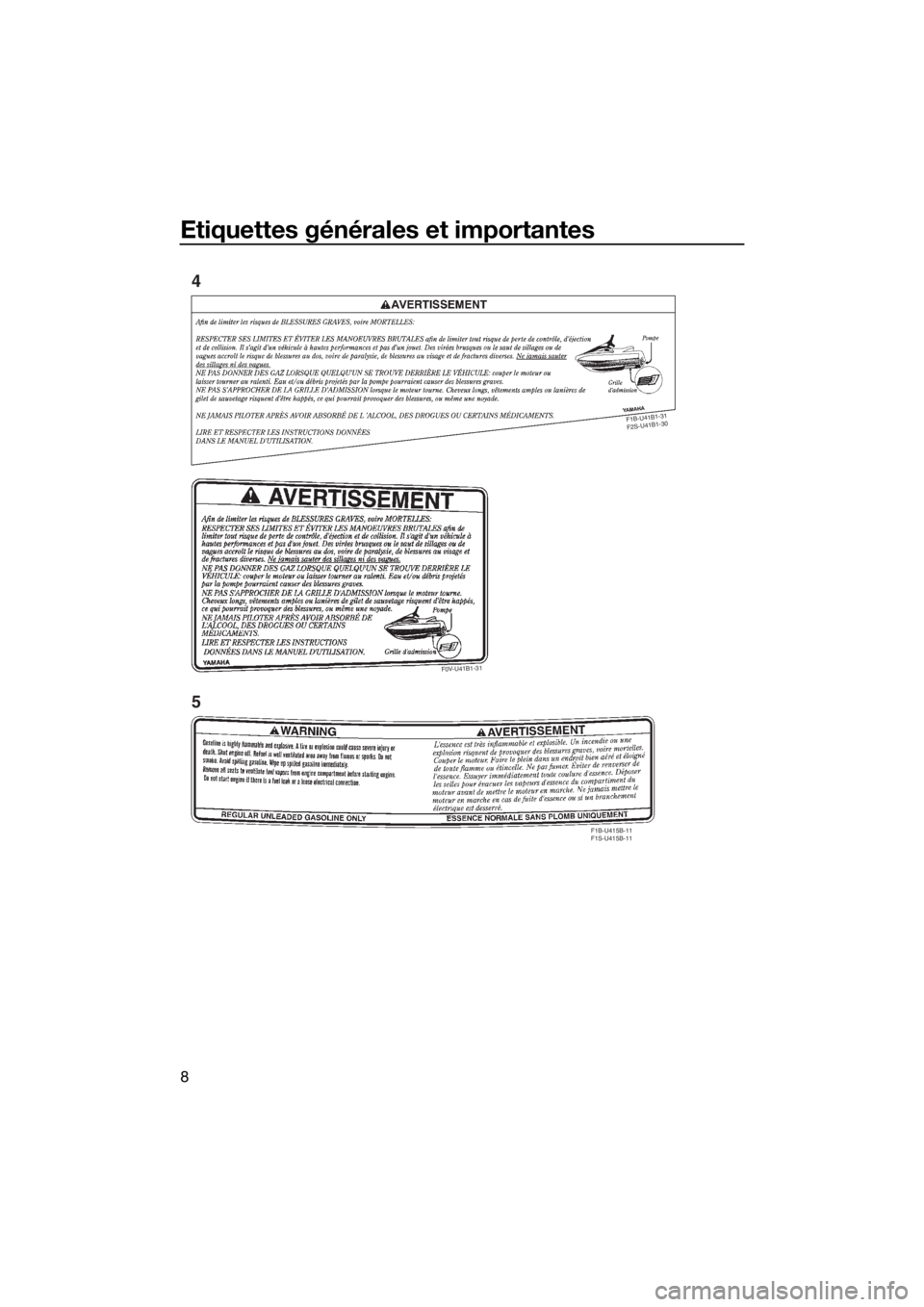 YAMAHA VX CRUISER 2015  Notices Demploi (in French) Etiquettes générales et importantes
8
F
1
B
-U
4
1
B
1-3
1
 
F
2
S
-U
4
1
B
1
-3
0
F1B-U415B-11
F1S-U415B-11
F0V-U41B1-31
4
5
UF2X70F0.book  Page 8  Monday, December 7, 2015  5:13 PM 
