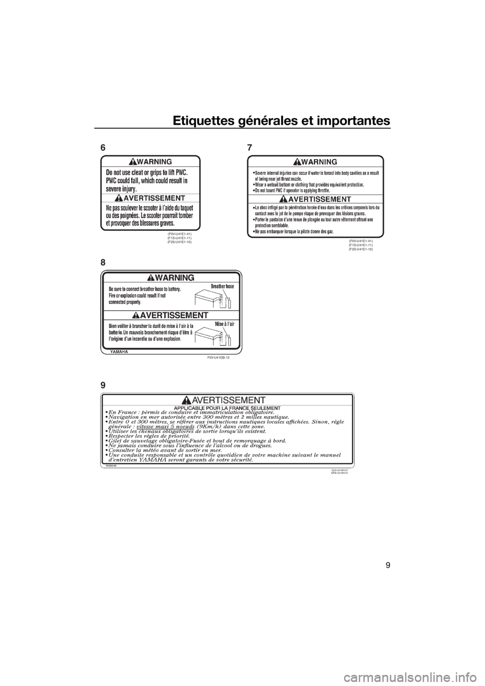 YAMAHA VX CRUISER 2015  Notices Demploi (in French) Etiquettes générales et importantes
9
(F0V-U41E1-41) 
(F1S-U41E1-11) 
(F2S-U41E1-10)
F0V-U41DB-12
(F0V-U41E1-41) 
(F1S-U41E1-11) 
(F2S-U41E1-10)
6
87
GJ3-U416H-01 
GP8-U416H-01
9
UF2X70F0.book  Page