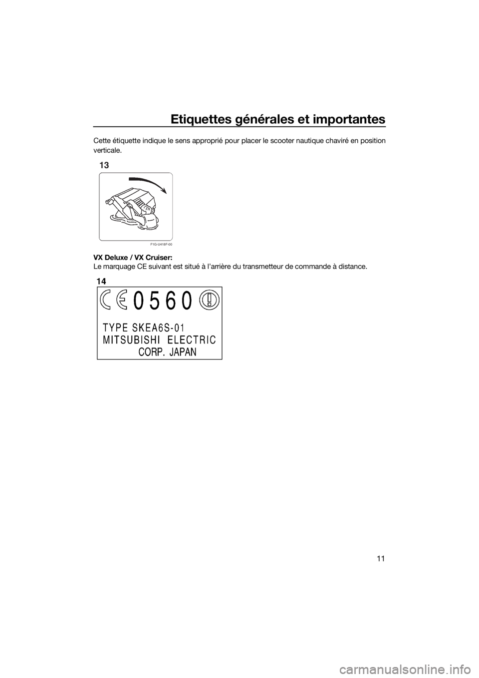 YAMAHA VX CRUISER 2015  Notices Demploi (in French) Etiquettes générales et importantes
11
Cette étiquette indique le sens approprié pour placer le scooter nautique chaviré en position
verticale.
VX Deluxe / VX Cruiser: 
Le marquage CE suivant est