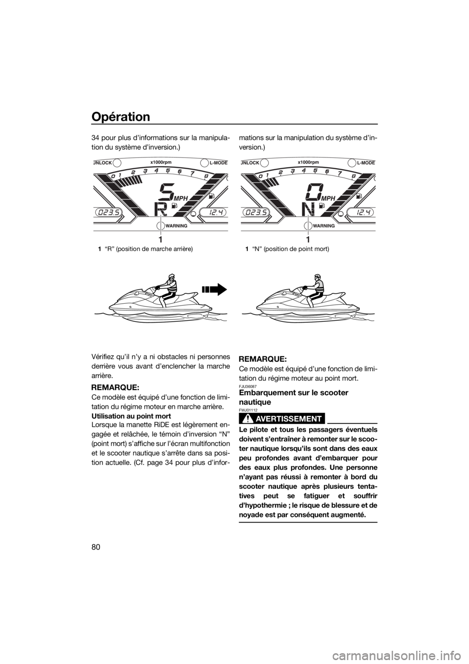 YAMAHA VX CRUISER 2015 Notices Demploi (in French) Opération
80
34 pour plus d’informations sur la manipula-
tion du système d’inversion.)
Vérifiez qu’il n’y a ni obstacles ni personnes
derrière vous avant d’enclencher la marche
arrière YAMAHA VX CRUISER 2015 Notices Demploi (in French) Opération
80
34 pour plus d’informations sur la manipula-
tion du système d’inversion.)
Vérifiez qu’il n’y a ni obstacles ni personnes
derrière vous avant d’enclencher la marche
arrière