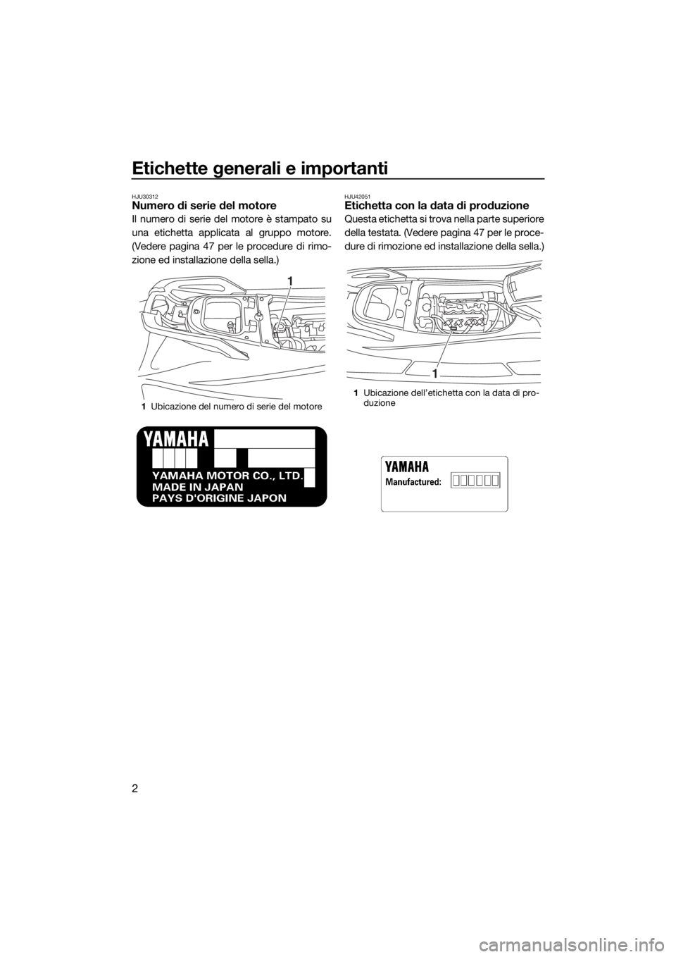 YAMAHA VX CRUISER 2015  Manuale duso (in Italian) Etichette generali e importanti
2
HJU30312Numero di serie del motore
Il numero di serie del motore è stampato su
una etichetta applicata al gruppo motore.
(Vedere pagina 47 per le procedure di rimo-
