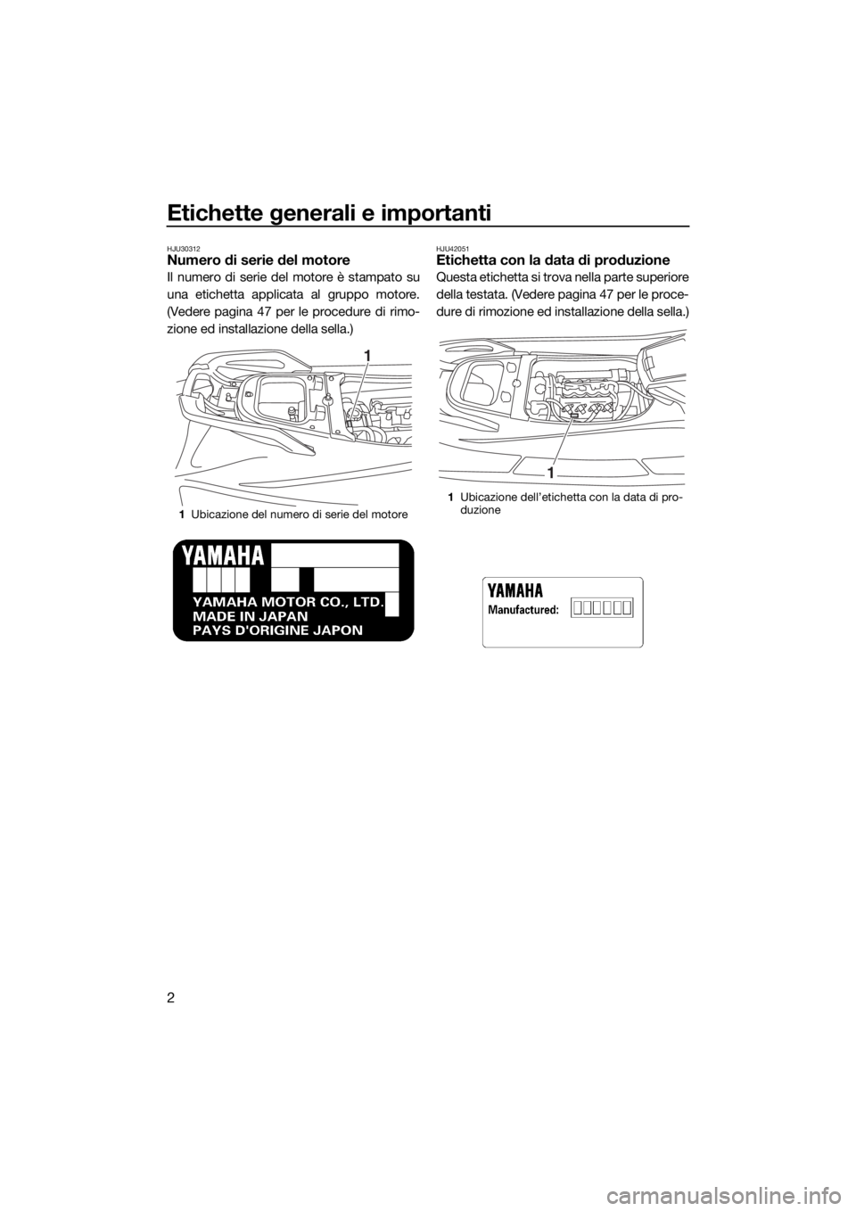 YAMAHA VX 2015  Manuale duso (in Italian) Etichette generali e importanti
2
HJU30312Numero di serie del motore
Il numero di serie del motore è stampato su
una etichetta applicata al gruppo motore.
(Vedere pagina 47 per le procedure di rimo-
