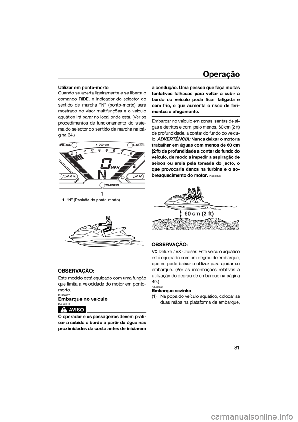 YAMAHA VX CRUISER 2015  Manual de utilização (in Portuguese) Operação
81
Utilizar em ponto-morto
Quando se aperta ligeiramente e se liberta o
comando RiDE, o indicador do selector do
sentido de marcha “N” (ponto-morto) será
mostrado no visor multifunçõ