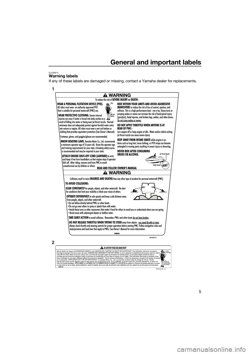 YAMAHA VX 2014 User Guide General and important labels
5
EJU35914Warning labels
If any of these labels are damaged or missing, contact a Yamaha dealer for replacements.
1
2
UF2P71E0.book  Page 5  Wednesday, July 10, 2013  5:37