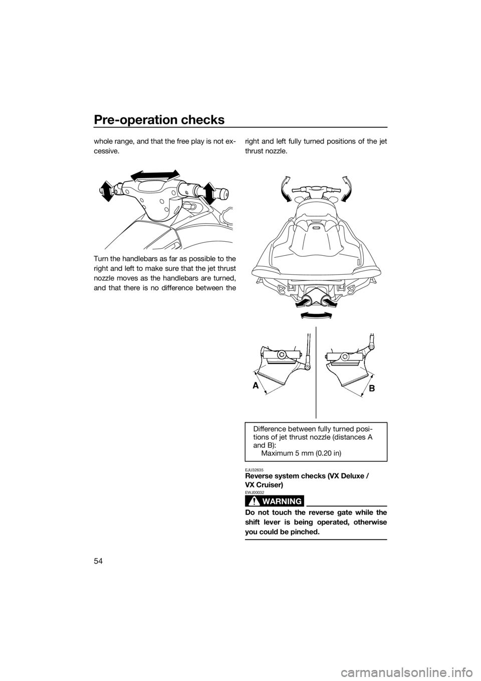 YAMAHA VX 2014 Workshop Manual Pre-operation checks
54
whole range, and that the free play is not ex-
cessive.
Turn the handlebars as far as possible to the
right and left to make sure that the jet thrust
nozzle moves as the handle YAMAHA VX 2014 Workshop Manual Pre-operation checks
54
whole range, and that the free play is not ex-
cessive.
Turn the handlebars as far as possible to the
right and left to make sure that the jet thrust
nozzle moves as the handle