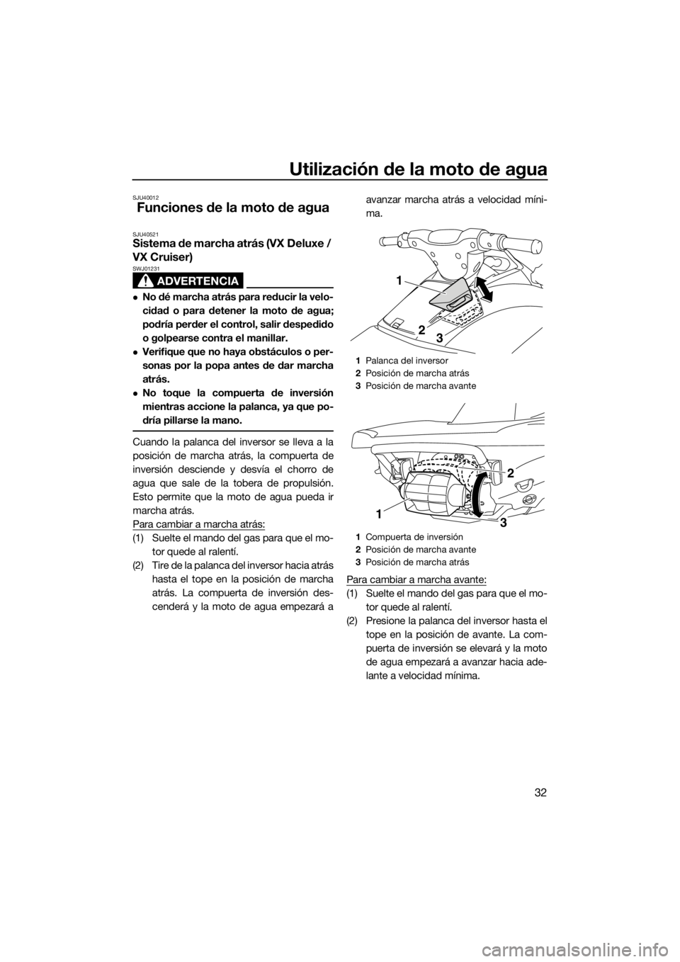 YAMAHA VX 2014  Manuale de Empleo (in Spanish) Utilización de la moto de agua
32
SJU40012
Funciones de la moto de agua
SJU40521Sistema de marcha atrás (VX Deluxe / 
VX Cruiser)
ADVERTENCIA
SWJ01231
No dé marcha atrás para reducir la velo-
c