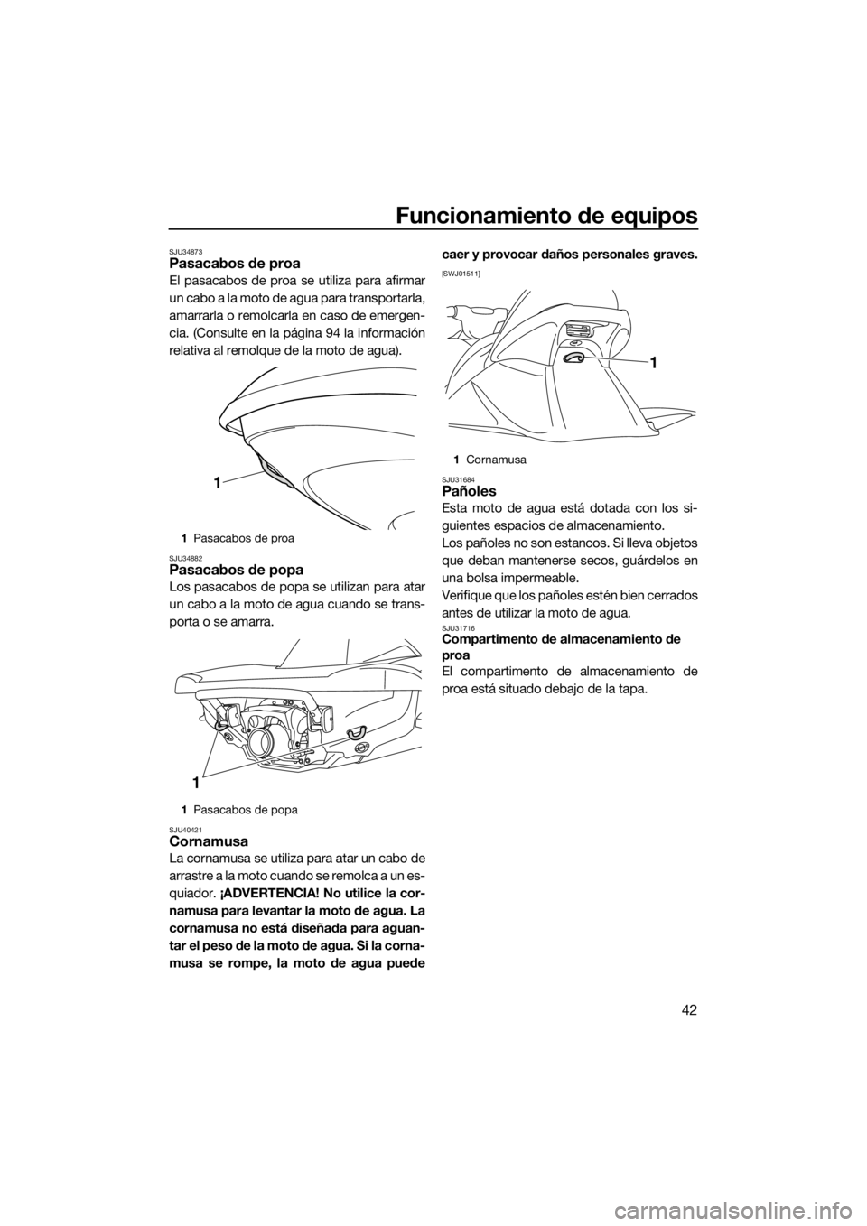 YAMAHA VX 2014  Manuale de Empleo (in Spanish) Funcionamiento de equipos
42
SJU34873Pasacabos de proa
El pasacabos de proa se utiliza para afirmar
un cabo a la moto de agua para transportarla,
amarrarla o remolcarla en caso de emergen-
cia. (Consu