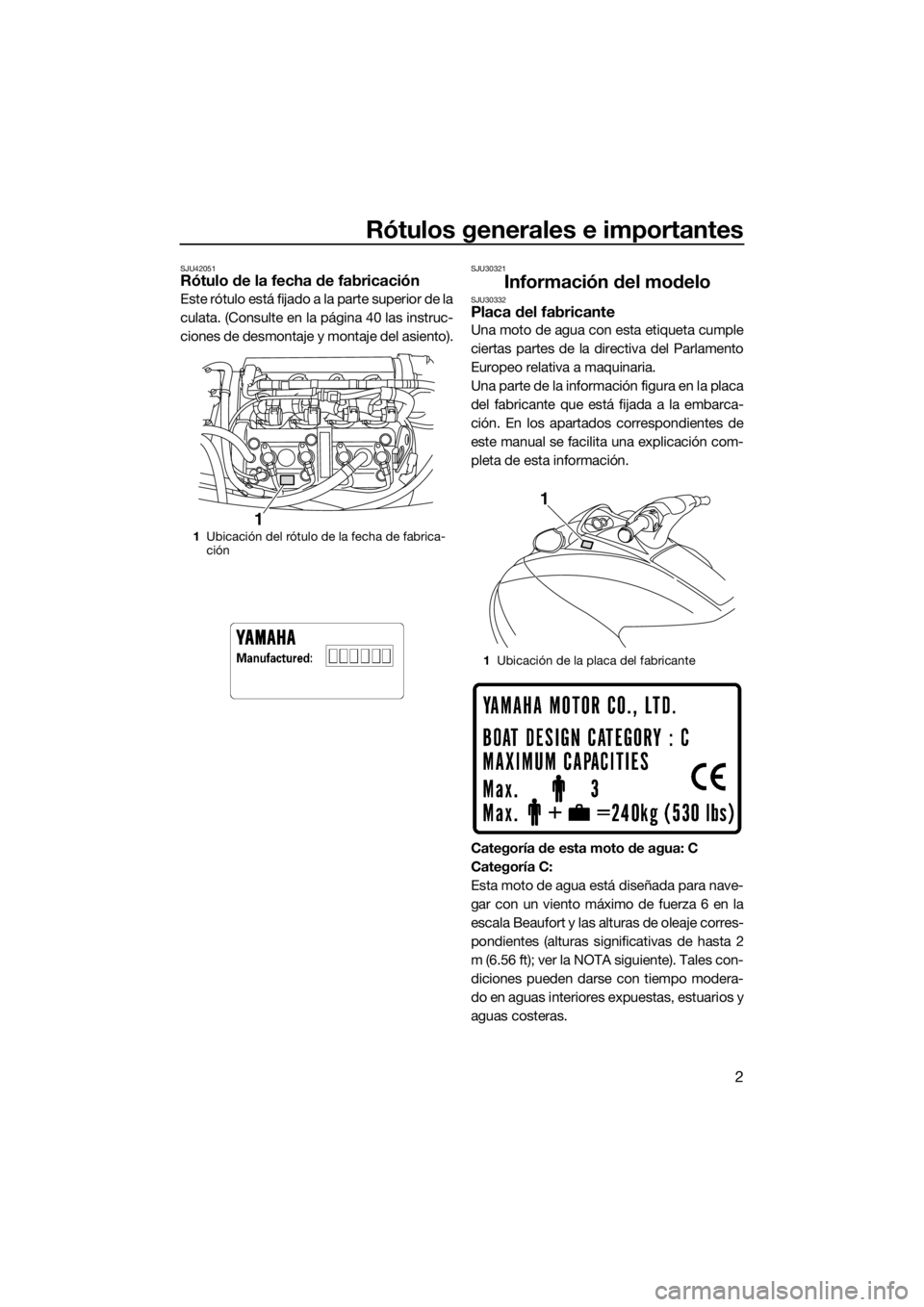 YAMAHA VX 2014 Manuale de Empleo (in Spanish) Rótulos generales e importantes
2
SJU42051Rótulo de la fecha de fabricación
Este rótulo está fijado a la parte superior de la
culata. (Consulte en la página 40 las instruc-
ciones de desmontaje YAMAHA VX 2014 Manuale de Empleo (in Spanish) Rótulos generales e importantes
2
SJU42051Rótulo de la fecha de fabricación
Este rótulo está fijado a la parte superior de la
culata. (Consulte en la página 40 las instruc-
ciones de desmontaje