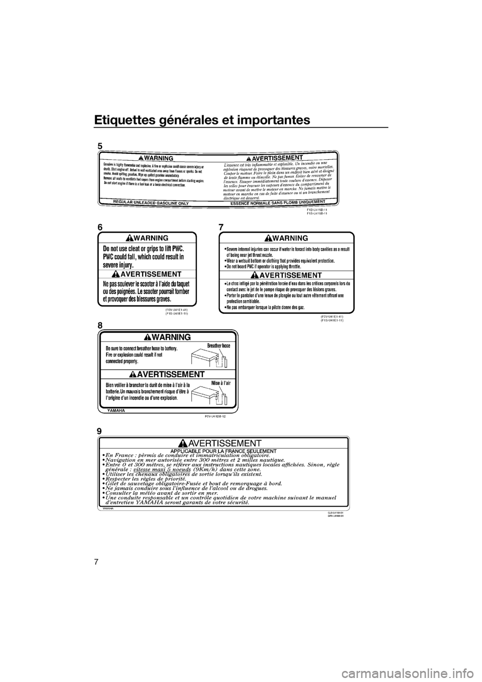 YAMAHA VX 2014  Notices Demploi (in French) Etiquettes générales et importantes
7
UF2P71F0.book  Page 7  Wednesday, July 10, 2013  5:53 PM 