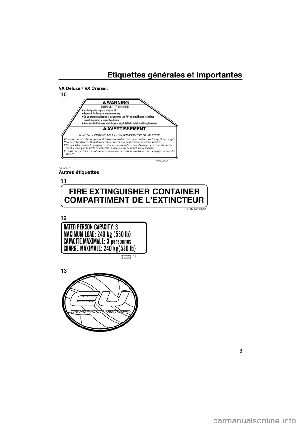 YAMAHA VX 2014  Notices Demploi (in French) Etiquettes générales et importantes
8
VX Deluxe / VX Cruiser:
FJU36126Autres étiquettes
UF2P71F0.book  Page 8  Wednesday, July 10, 2013  5:53 PM 