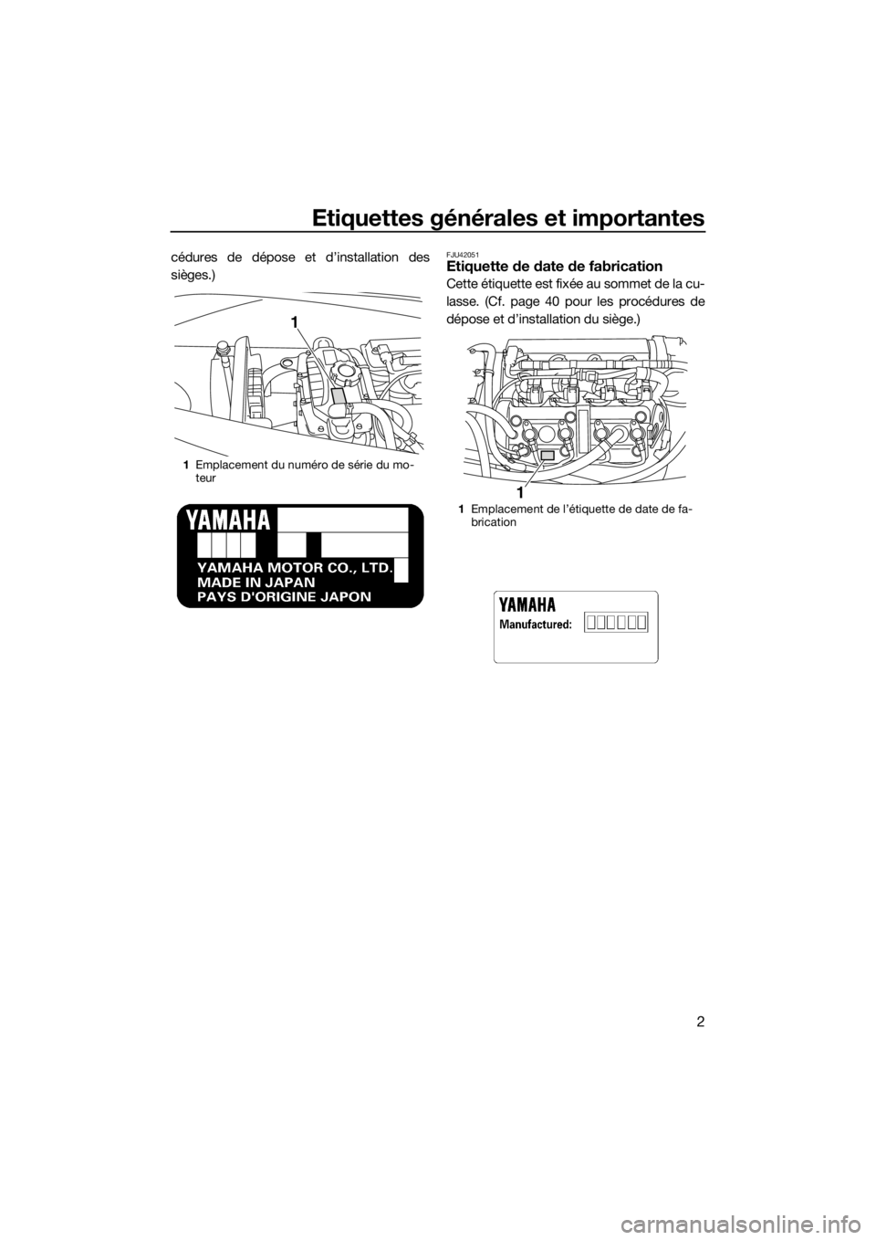 YAMAHA VX 2014  Notices Demploi (in French) Etiquettes générales et importantes
2
cédures de dépose et d’installation des
sièges.)FJU42051Etiquette de date de fabrication
Cette étiquette est fixée au sommet de la cu-
lasse. (Cf. page 4