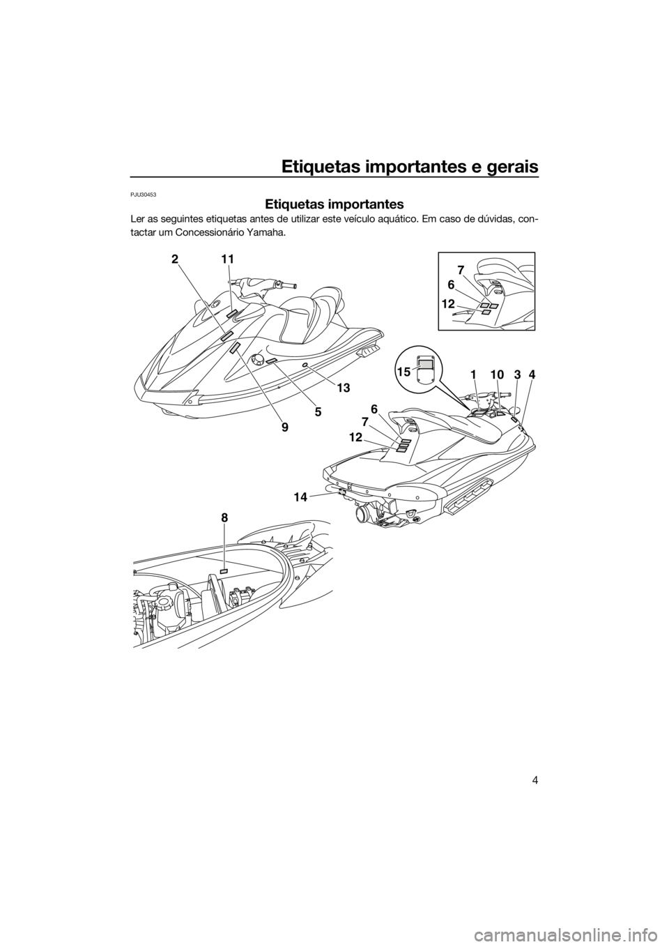 YAMAHA VX 2014 Manual de utilização (in Portuguese) Etiquetas importantes e gerais
4
PJU30453
Etiquetas importantes
Ler as seguintes etiquetas antes de utilizar este veículo aquático. Em caso de dúvidas, con-
tactar um Concessionário Yamaha.
2
14
8 YAMAHA VX 2014 Manual de utilização (in Portuguese) Etiquetas importantes e gerais
4
PJU30453
Etiquetas importantes
Ler as seguintes etiquetas antes de utilizar este veículo aquático. Em caso de dúvidas, con-
tactar um Concessionário Yamaha.
2
14
8