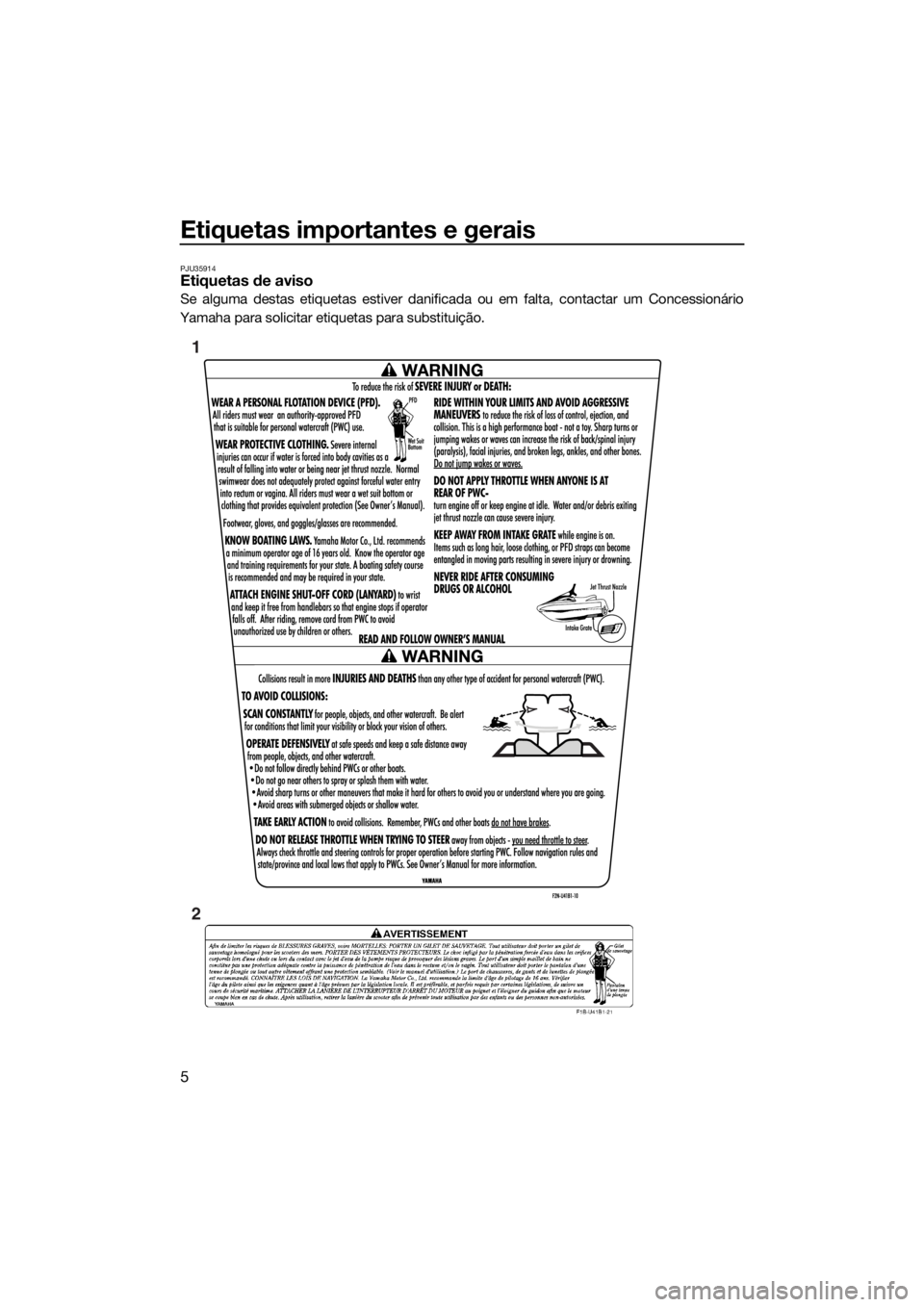YAMAHA VX 2014 Manual de utilização (in Portuguese) Etiquetas importantes e gerais
5
PJU35914Etiquetas de aviso
Se alguma destas etiquetas estiver danificada ou em falta, contactar um Concessionário
Yamaha para solicitar etiquetas para substituição. YAMAHA VX 2014 Manual de utilização (in Portuguese) Etiquetas importantes e gerais
5
PJU35914Etiquetas de aviso
Se alguma destas etiquetas estiver danificada ou em falta, contactar um Concessionário
Yamaha para solicitar etiquetas para substituição.