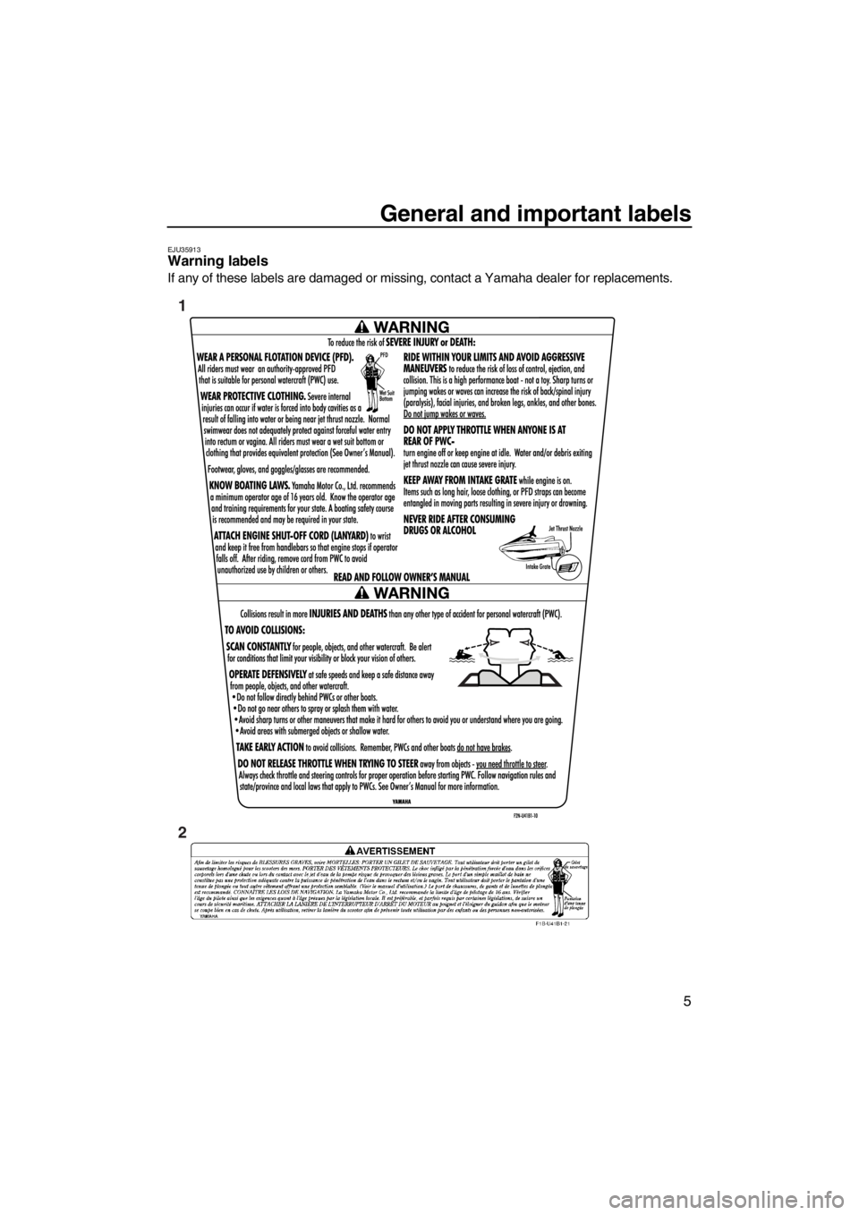 YAMAHA VX 2013 User Guide General and important labels
5
EJU35913Warning labels
If any of these labels are damaged or missing, contact a Yamaha dealer for replacements.
1
2
UF2P70E0.book Page 5 Tuesday, July 31, 2012 1:48 YAMAHA VX 2013 User Guide General and important labels
5
EJU35913Warning labels
If any of these labels are damaged or missing, contact a Yamaha dealer for replacements.
1
2
UF2P70E0.book Page 5 Tuesday, July 31, 2012 1:48