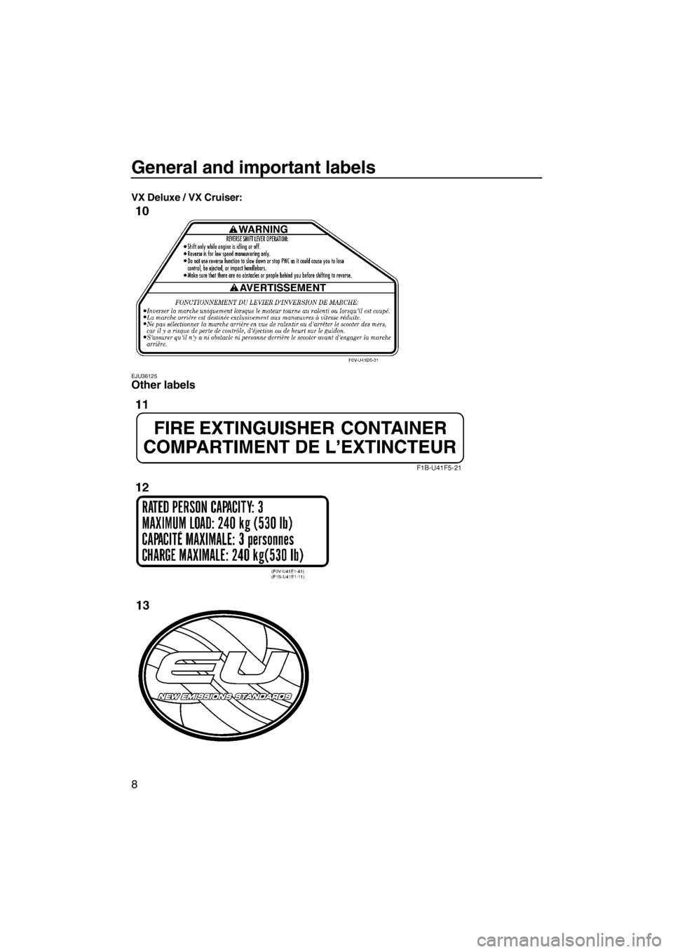 YAMAHA VX 2013 User Guide General and important labels
8
VX Deluxe / VX Cruiser:
EJU36125Other labels
UF2P70E0.book Page 8 Tuesday, July 31, 2012 1:48 PM YAMAHA VX 2013 User Guide General and important labels
8
VX Deluxe / VX Cruiser:
EJU36125Other labels
UF2P70E0.book Page 8 Tuesday, July 31, 2012 1:48 PM