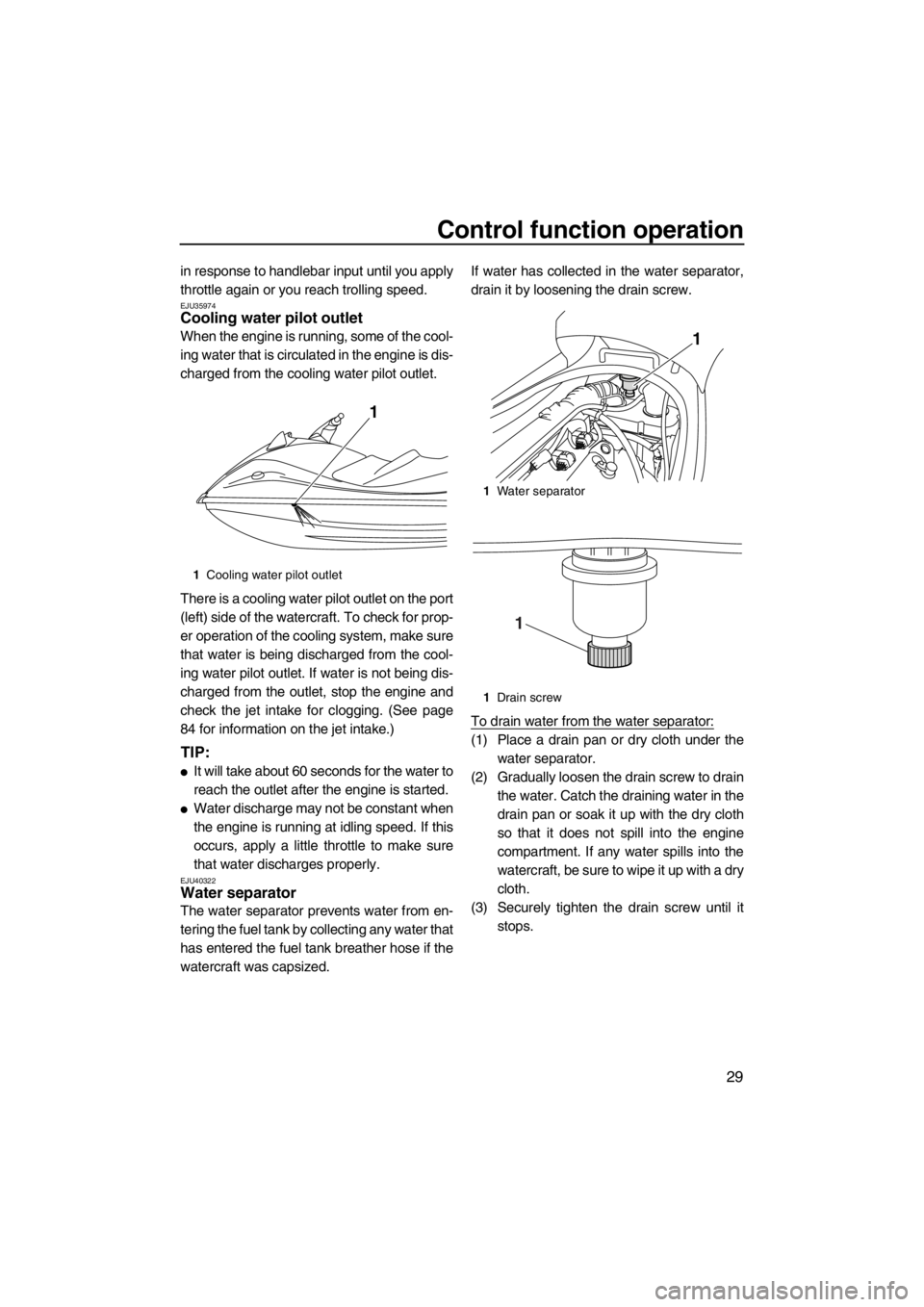 YAMAHA VX 2013 Owners Guide Control function operation
29
in response to handlebar input until you apply
throttle again or you reach trolling speed.
EJU35974Cooling water pilot outlet 
When the engine is running, some of the coo