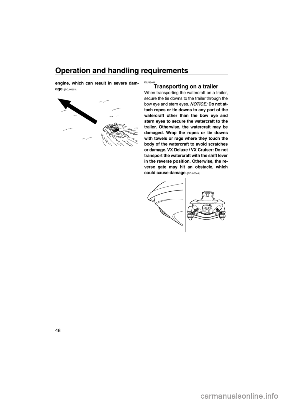 YAMAHA VX 2013 Workshop Manual Operation and handling requirements
48
engine, which can result in severe dam-
age.
 [ECJ00553]EJU33464Transporting on a trailer 
When transporting the watercraft on a trailer,
secure the tie downs to