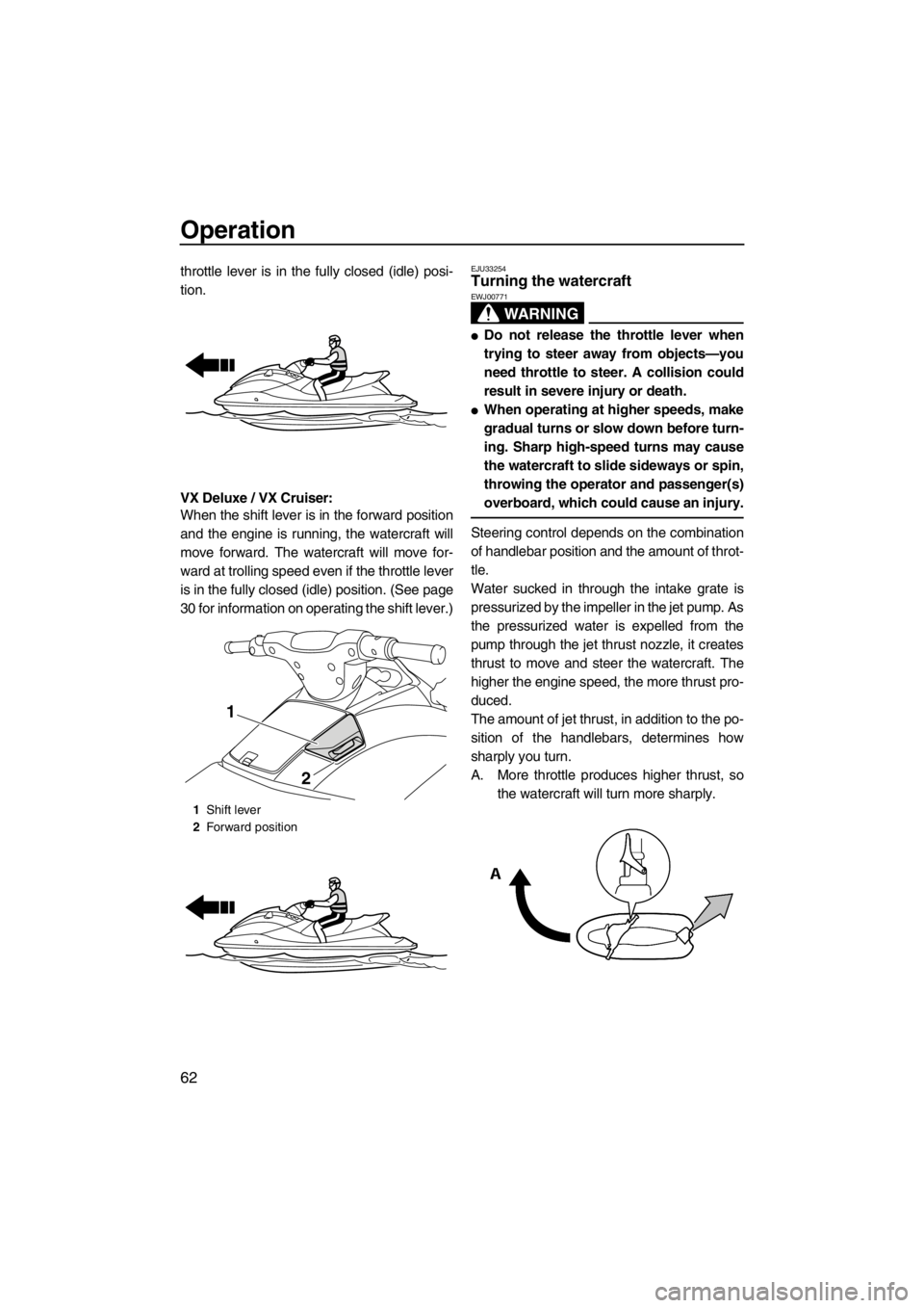 YAMAHA VX 2013 Repair Manual Operation
62
throttle lever is in the fully closed (idle) posi-
tion.
VX Deluxe / VX Cruiser:
When the shift lever is in the forward position
and the engine is running, the watercraft will
move forwa YAMAHA VX 2013 Repair Manual Operation
62
throttle lever is in the fully closed (idle) posi-
tion.
VX Deluxe / VX Cruiser:
When the shift lever is in the forward position
and the engine is running, the watercraft will
move forwa